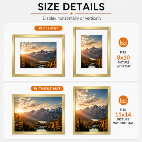 QOTIB 11x14 Gold Picture Frame with 8x10 Mat for Wall Hanging