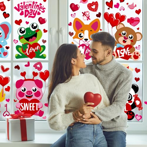 DULEFUN 9 Sheets Valentine's Day Window Clings - Double-Sided Animal Love Hearts
