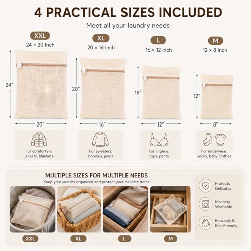 Natural Cotton Mesh Laundry Bags Set of 4 - XXL, XL, L, M with Rust-Proof Zippers