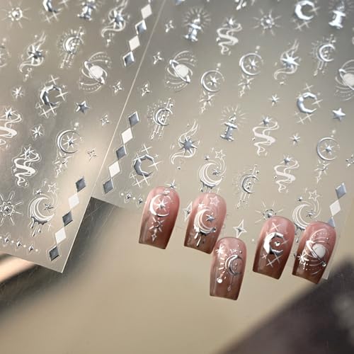 Lukmexor 5D Embossed Silver Star & Moon Nail Stickers Self-Adhesive Art Decals