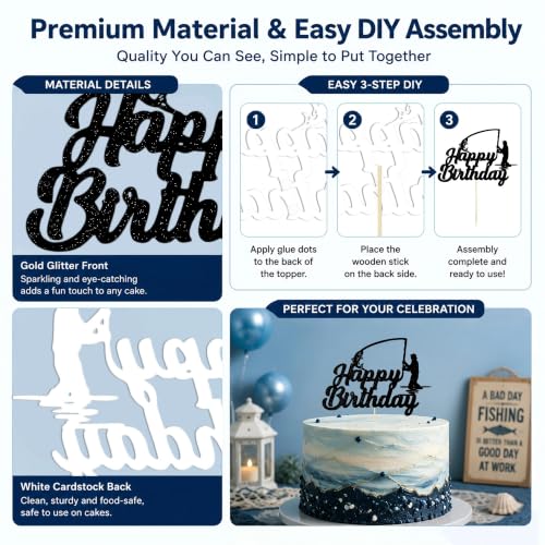 Fishing Happy Birthday Cake Topper - Glitter Fisherman Cake Decoration