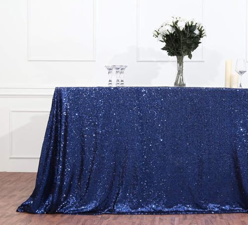 Navy Blue Sequin Rectangle Tablecloth 90x132 Inches for Party Wedding Celebration