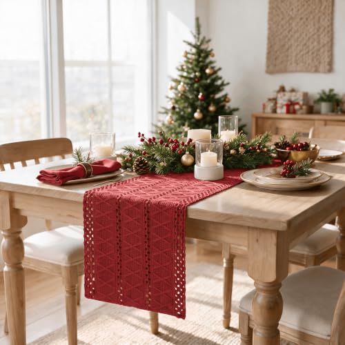 Rose Red Woven Farmhouse Table Runner 12x120 Inch - Durable Cotton Polyester