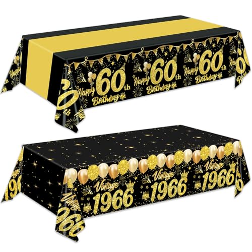 60th Birthday Tablecloth 2-Pack, Black and Gold Disposable Party Table Cover