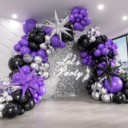 Purple and Black Balloon Arch Kit with Confetti - 125pcs for Parties