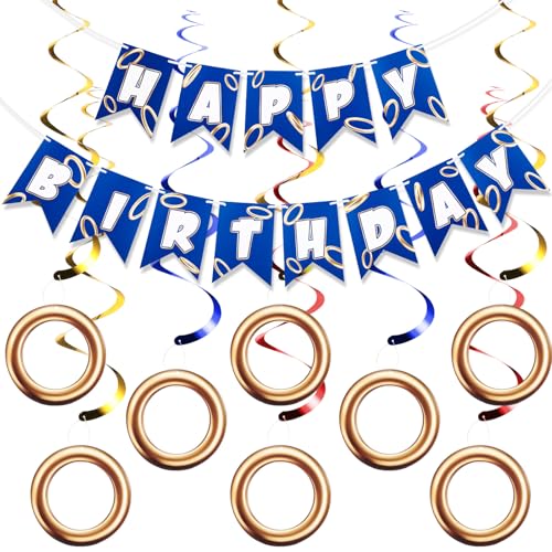 Blue Gold Birthday Banner with 8 Swirl Decorations | Cartoon Theme