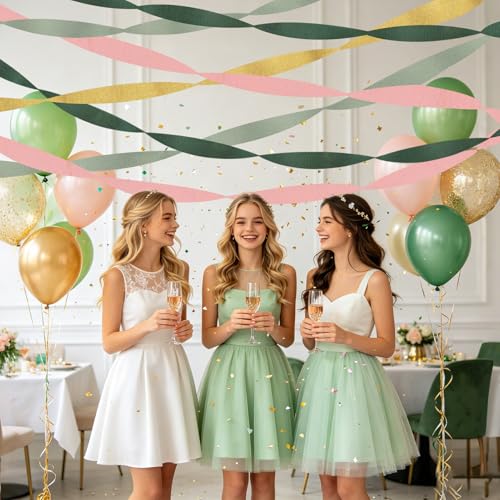 8 Rolls Sage Green Crepe Paper Streamers for Party Decorations, Boho Wedding & Baby Shower, Gold & Pink Variants