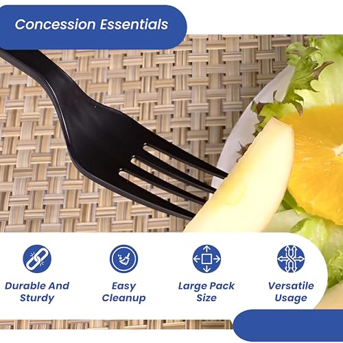 Concession Essentials 7.25" Heavy Weight Plastic Forks, Black, 100ct Wrapped