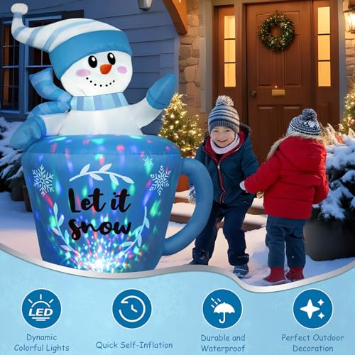 OurWarm 5FT Christmas Inflatable Snowman in Mug - Blue Snowman Yard Decor with Built-in LEDs & Blower