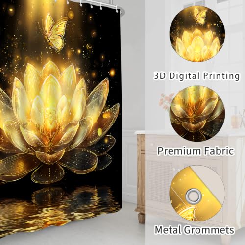 Black Gold Lotus Flower Shower Curtain, 70 x 70 Inch - Boho Design