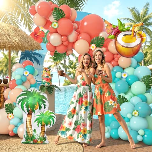 Amandir 165Pcs Tropical Balloon Arch Kit with Palm Leaves - Aqua Blue