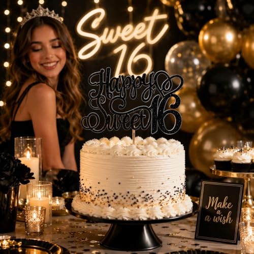 Elegant Black Glitter Sweet 16 Cake Topper for Birthday
