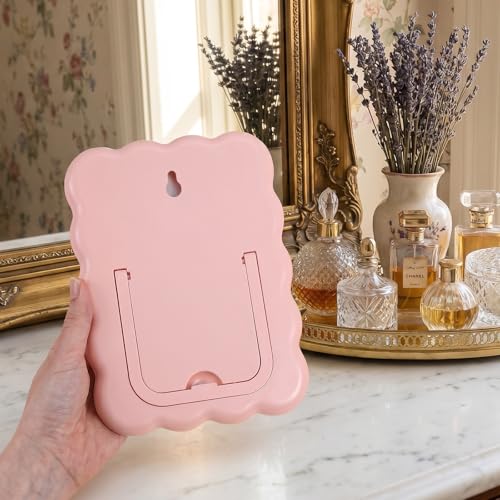 Wave-Shaped Pink Desk Mirror, Foldable Portable Makeup Mirror for Vanity