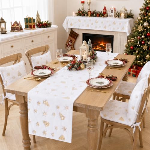 White Faux Fur Christmas Table Runner 72 Inch with Gold Sequin Snowflakes - Variation: White Gold / 13x72
