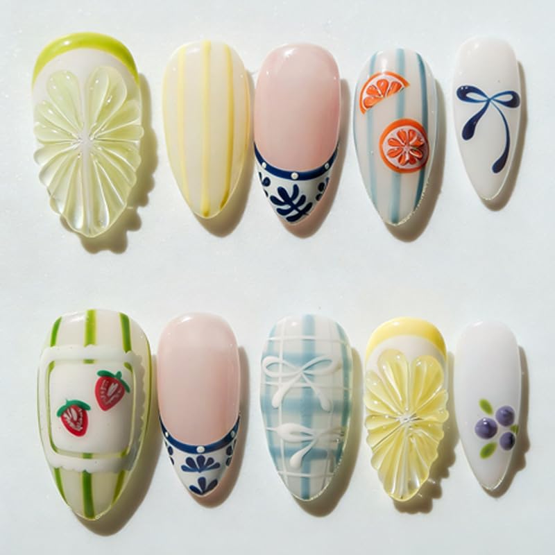 Yellow Almond Press on Nails 3D Lemon Fruit False Nails Kit
