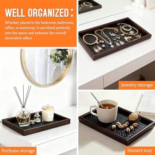 Wooden Valet Tray Desk Organizer with Leather Base - Multi-Purpose Storage for Jewelry, Wallets, Keys & More