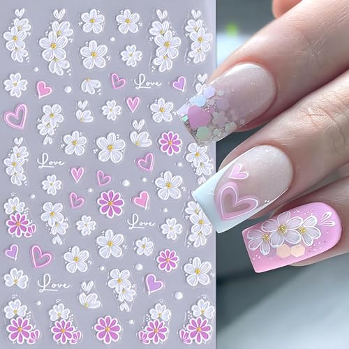 5D Embossed Flower Nail Art Stickers - Self-Adhesive Daisy & Butterfly Decals (4 Sheets)