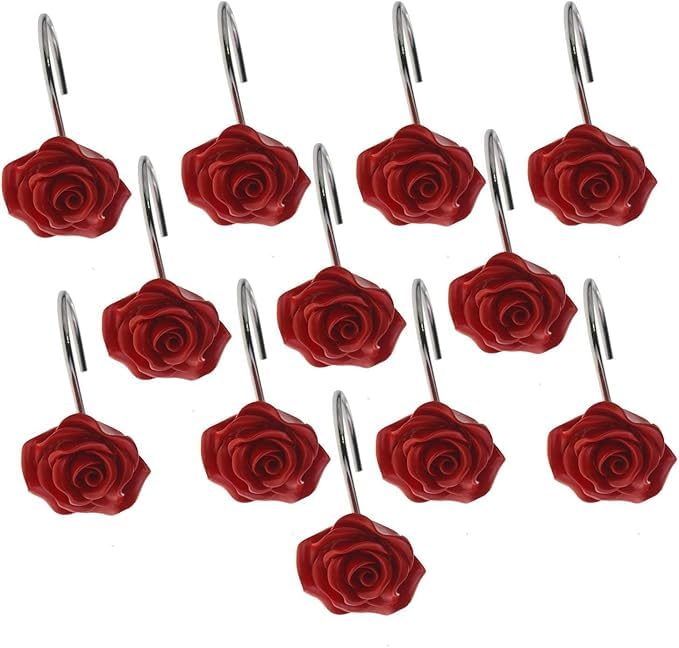 Red Rose Shower Curtain Hooks 12 pcs - Decorative Rust-Resistant Bathroom Rings