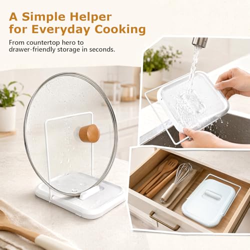 White 2-in-1 Foldable Pot Lid Holder with Spoon Rest for Kitchen Counter