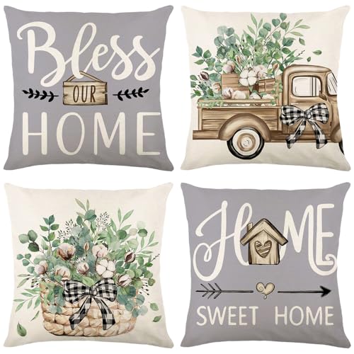 Wyooxoo Dark Grey Linen Throw Pillow Covers Set of 4 18x18 Inches Farmhouse Sofa Decor