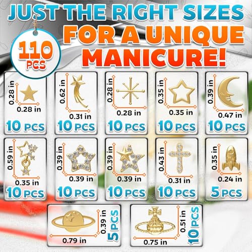 Evrblock 110 Pcs Gold Star Nail Charms Kit - 12 Assorted Alloy Designs