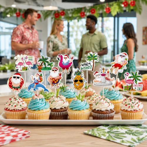 48 Tropical Christmas Cupcake Toppers | DIY July Party Decor