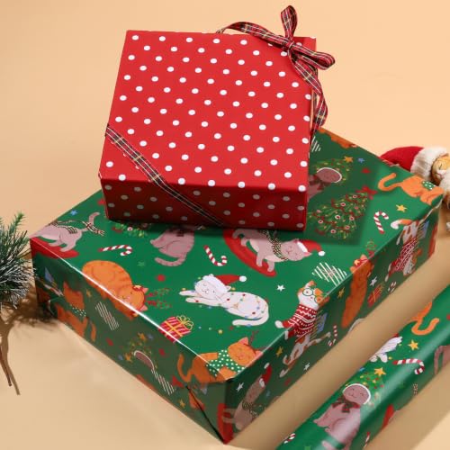 Reversible Christmas Cat Wrapping Paper Roll - 17 x 33 Ft, Holiday Gift Wrap, Pet Lover Gift Wrap, Pack of 1