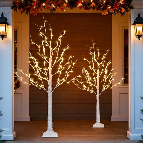 Lighted Birch Trees 4ft 2 Pack with Timer & LED Warm White Lights Indoor Outdoor