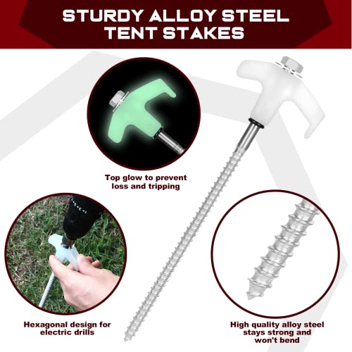 10 Tent Stakes Heavy Duty Tent Stakes Screw in Metal Camping Stakes with Luminous Head Ground Anchor Pegs Tent Spikes with Reflective Ropes(13ft), Rope Tensioner, Hex Head Driver and Storage Box