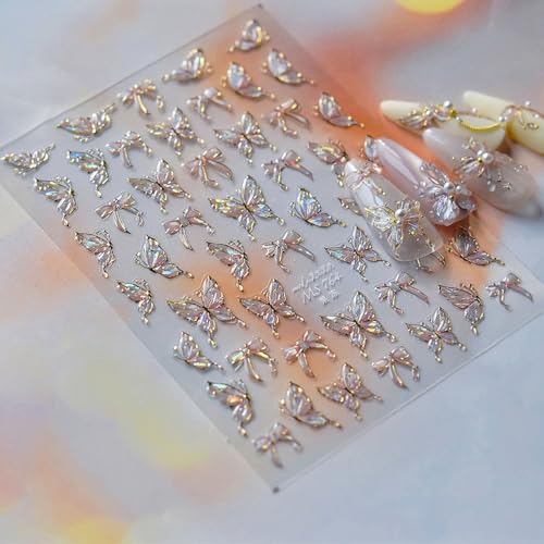 5D Embossed Butterfly Nail Stickers Self-Adhesive Aurora Pink Bow Nail Decals