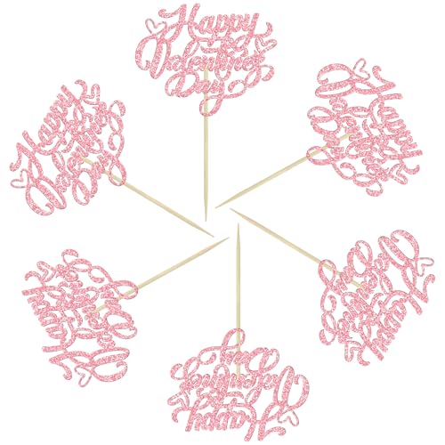 Valentine's Day Glitter Cupcake Toppers 24Pcs Pink Sweet Love Cake Picks