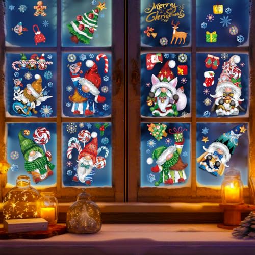77PCS Gnome Christmas Window Clings - Double-Sided Glitter Decor
