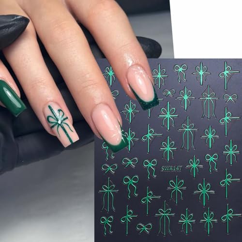 SWEET TREND Christmas Bow Nail Art Stickers - 7 Sheets Festive Red & Green Ribbon Decals