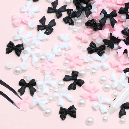 3D Bow Nail Charms and Flatback Pearls Set with Tweezers (300 Pcs)