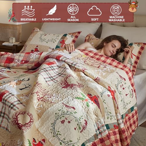 King Christmas Reindeer Plaid Quilt Set - Red Patchwork Bedding