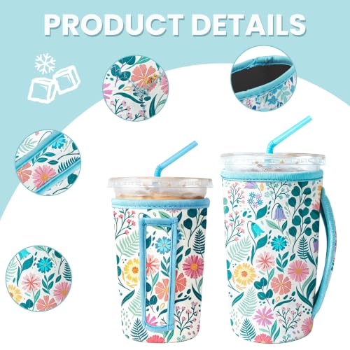 Reusable Iced Coffee Sleeves 3 Pack - Neoprene Insulated (White Flower Bush)