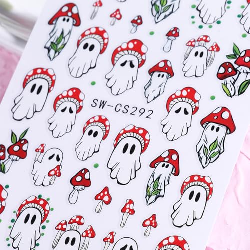 QUNQINLI 2 Sheets 3D Halloween Ghost and Mushroom Nail Art Stickers