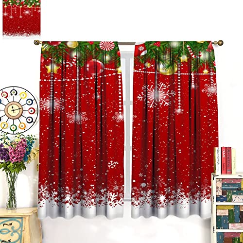 Merry Christmas Blackout Curtains with Red Floral Snowflake Pattern, 2 Panels 21W x 45L - Insulated Room Darkening Drapes
