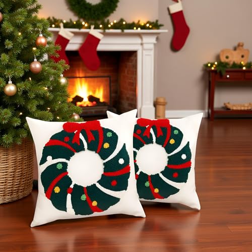 Christmas Throw Pillow Covers 18x18 Set of 2 - Garland with Bow Design