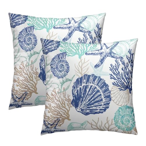 Anyako Nautical Coastal 18x18 Pillow Covers - Seashell Print, Set of 2