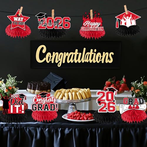 Red Graduation Decorations 2026 - 12Pcs Honeycomb Centerpieces