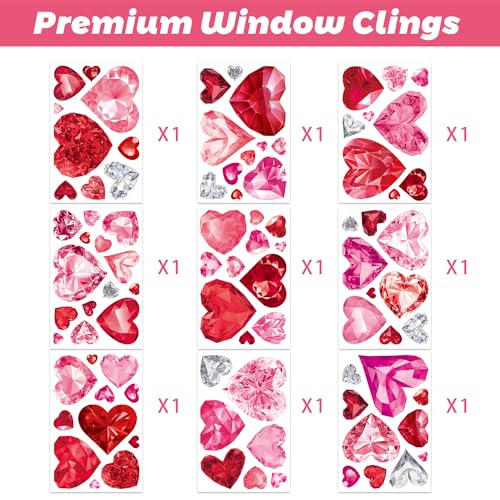 Valentine's Day Window Clings, 9 Sheets Double-Sided Diamond Heart Glass Stickers