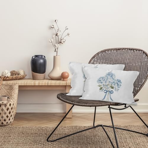 Blue Hydrangea Bow Throw Pillow Cover - 16x24 Flannel Decorative Case
