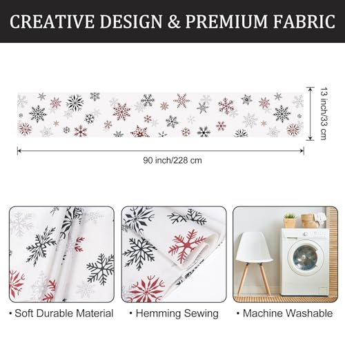 Bonhause Red & Black Snowflakes Winter Table Runner 13x90 Inch Holiday Decor