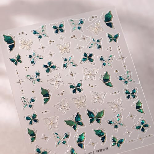 5D Embossed Green Gold Butterfly Nail Stickers Self-Adhesive Nail Decals