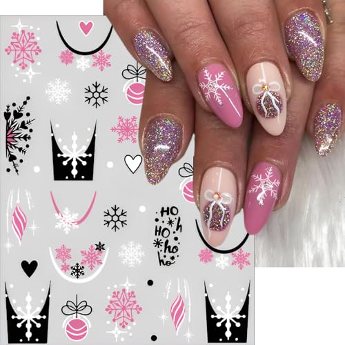 Pink Christmas Nail Stickers 6 Sheets 3D Winter Reindeer Snowflake Decals