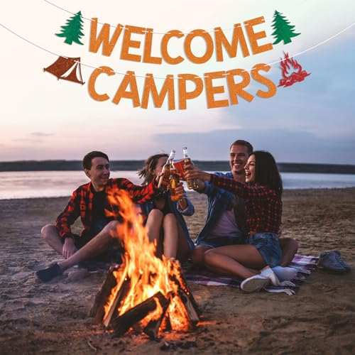 Welcome Campers Banner - Orange Glitter Camping Party Decor