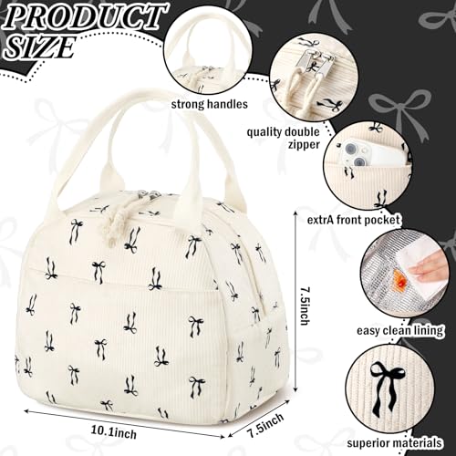 Dansydaisy Insulated Corduroy Lunch Bag with Bow - Aesthetic Tote for Women