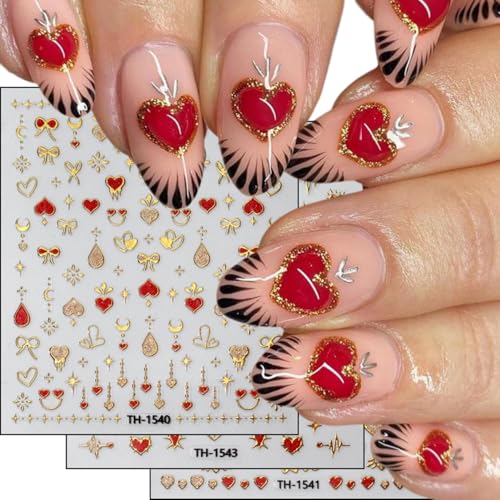 Valentine Heart Nail Art Stickers 3D Self Adhesive Love Decals (3 Sheets)