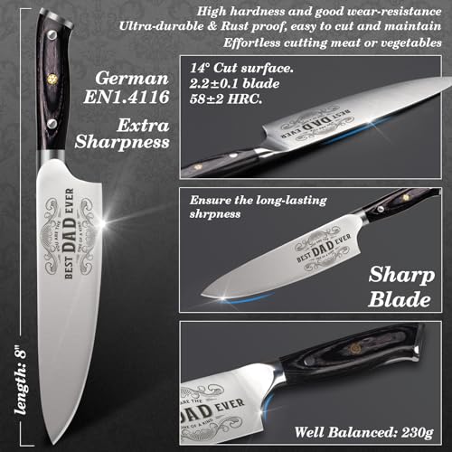 German EN1.4116 Chef Knife for Men Dad - Best Dad Ever Gift Set, 8 Inch Kitchen Knife, Anniversary & Christmas Gift - Variation 03 Best Dad / 1